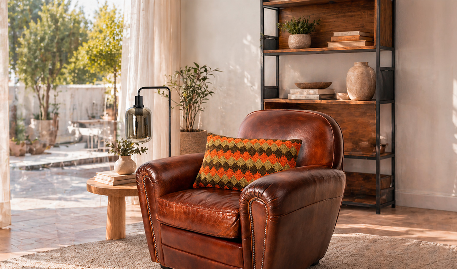 Cozy leather armchair styled with warm home d&eacute;cor for relaxed weekend living.